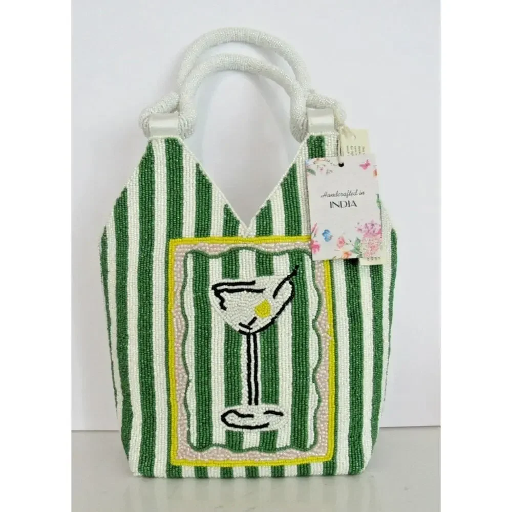 NWT Handcrafted in India Martini Beaded Bag Green & white Striped Tik Tok Viral - Picture 6 of 8
